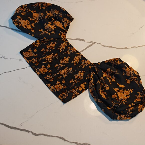 Black Floral Puff Sleeve Crop Top – Square Neck Romantic Cottagecore Size S - Picture 10 of 10